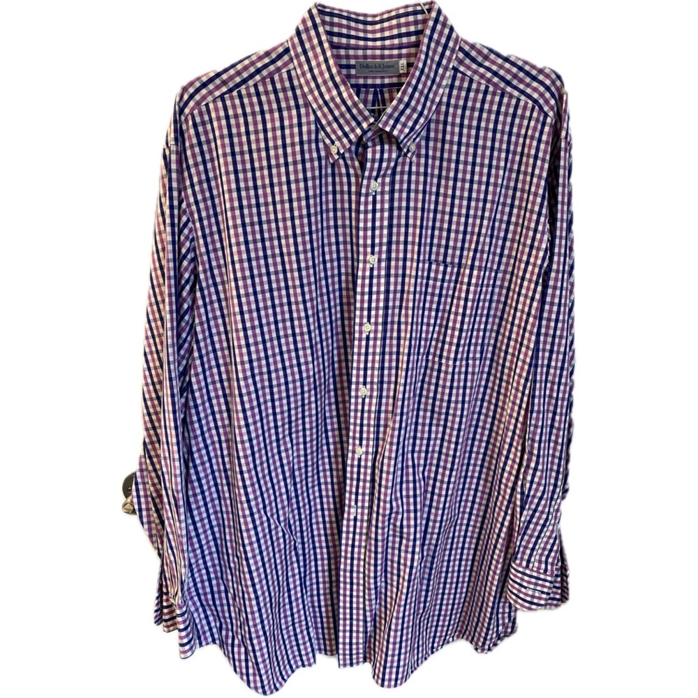 Bullock & Jones, blue/purple plaid button down, XXL. Excellent used condition.